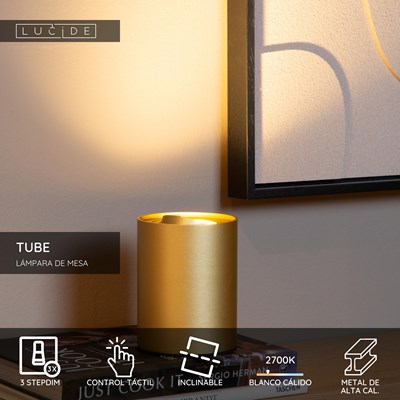 Lucide TUBE - Lámpara de mesa - Ø 9,6 cm - LED 3 StepDim - GU10 - 1x5W 2700K - Oro mate / Latón